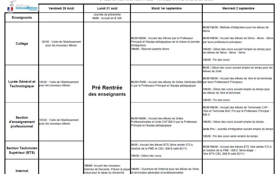Planning de rentrée 2026-2027